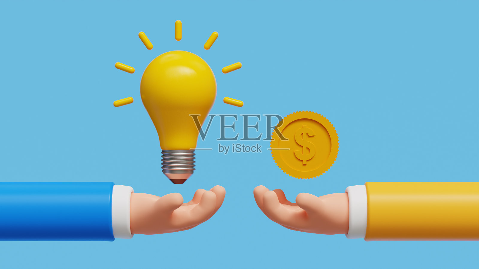 钱换创意还是卖创意概念。投资、众筹概念。为钱而交易的想法。用金钱交换想法。3D手持灯泡和其他手提供的钱。三维演示照片摄影图片