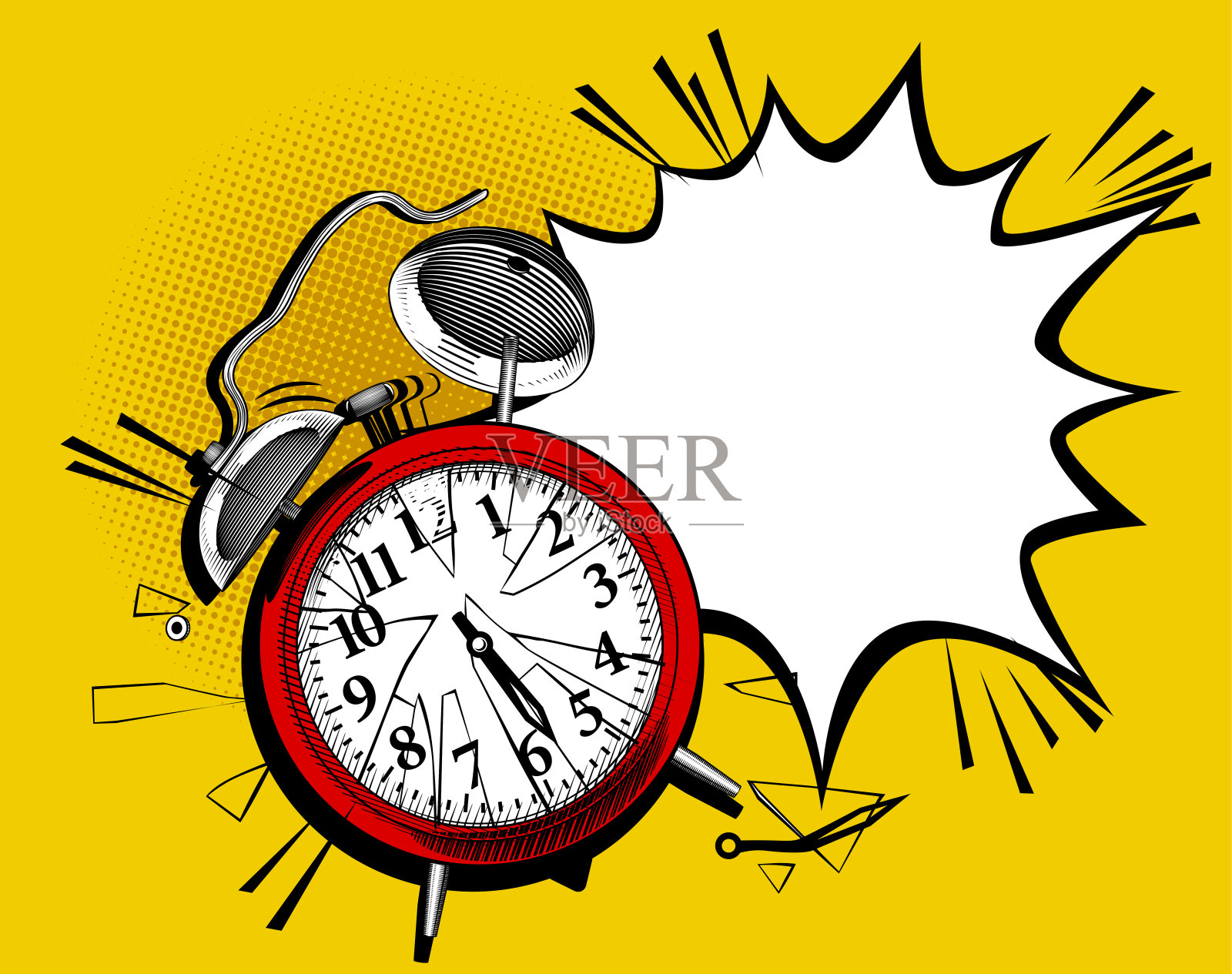 黑白刻花红破复古闹钟和漫画书暗黄色背景音效插画图片素材