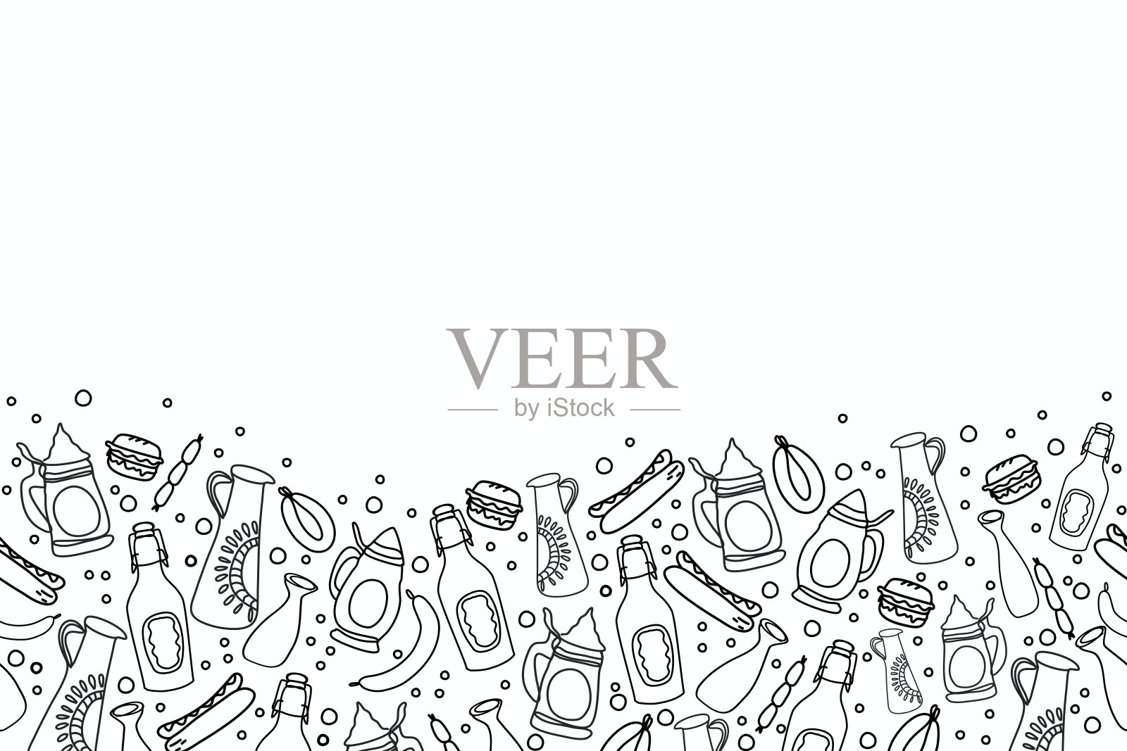 啤酒节背景框涂鸦。德国啤酒节啤酒美食节复古斯坦因马克杯香肠啤酒泡沫泡沫设计。矢量插图黑线涂鸦手绘。插画图片素材