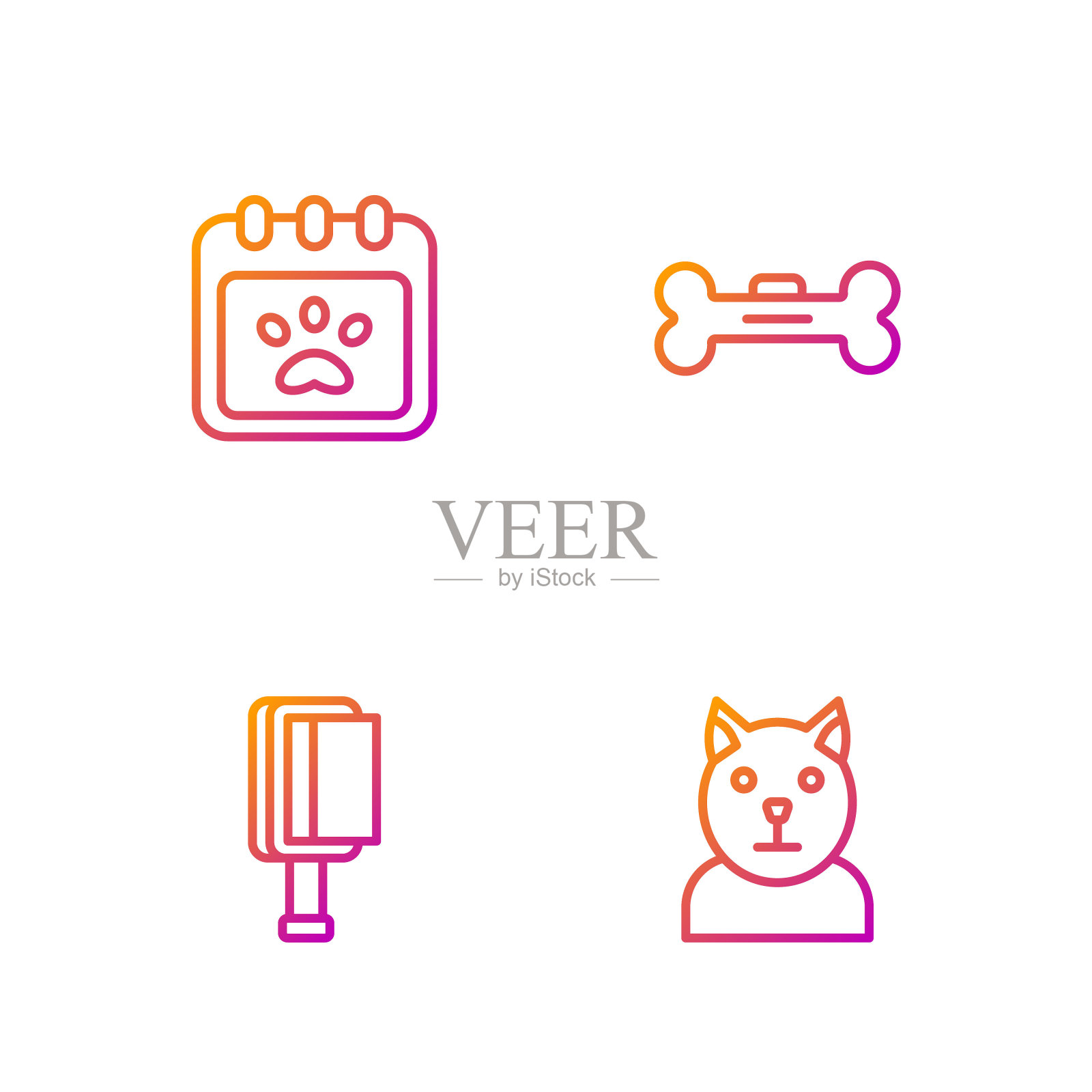 集线猫，毛刷狗和猫，日历梳理和狗骨头。渐变颜色图标。向量插画图片素材