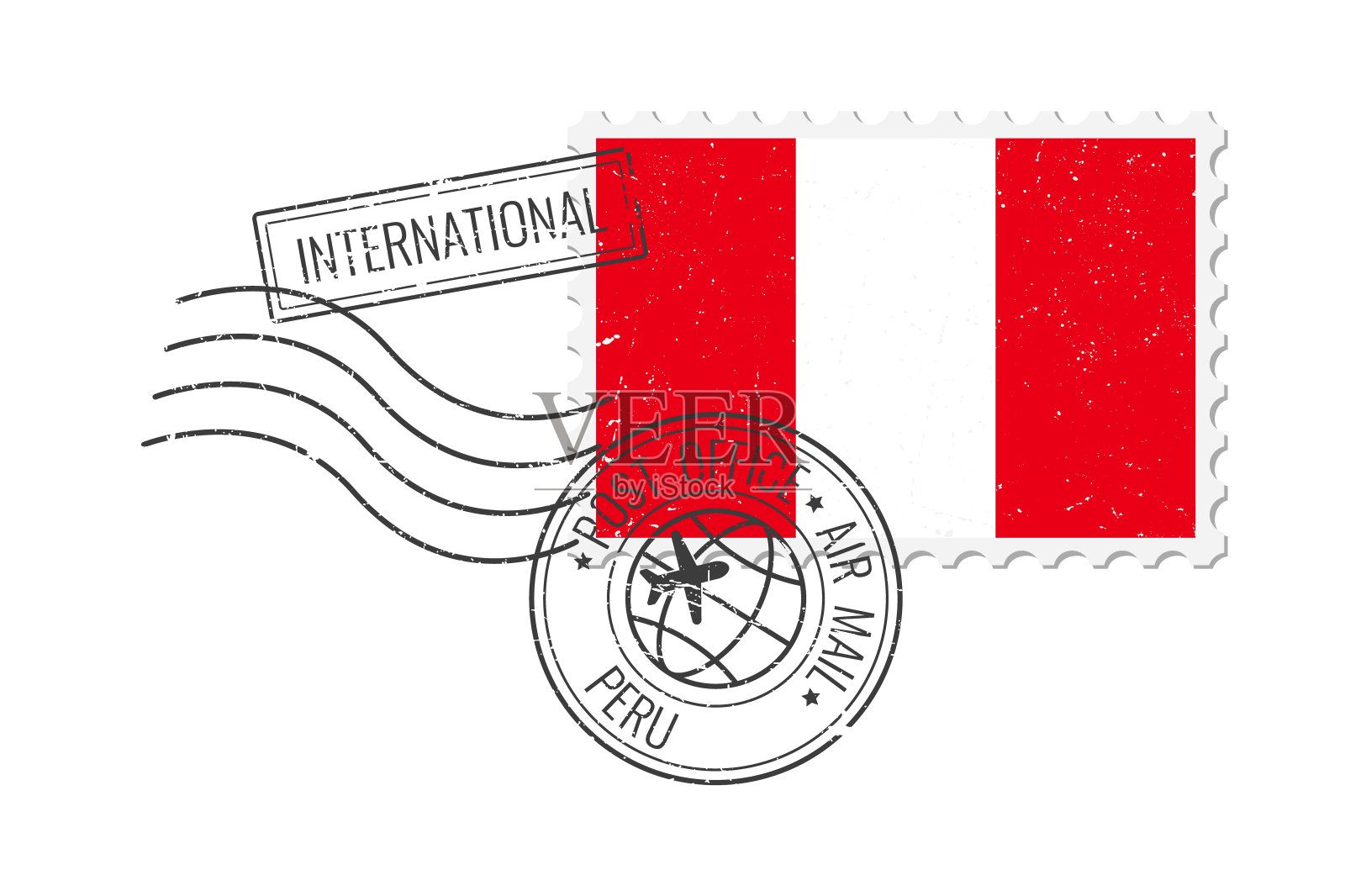 秘鲁grunge邮票。在白色背景上孤立的秘鲁国旗复古明信片矢量插图。复古的风格。插画图片素材