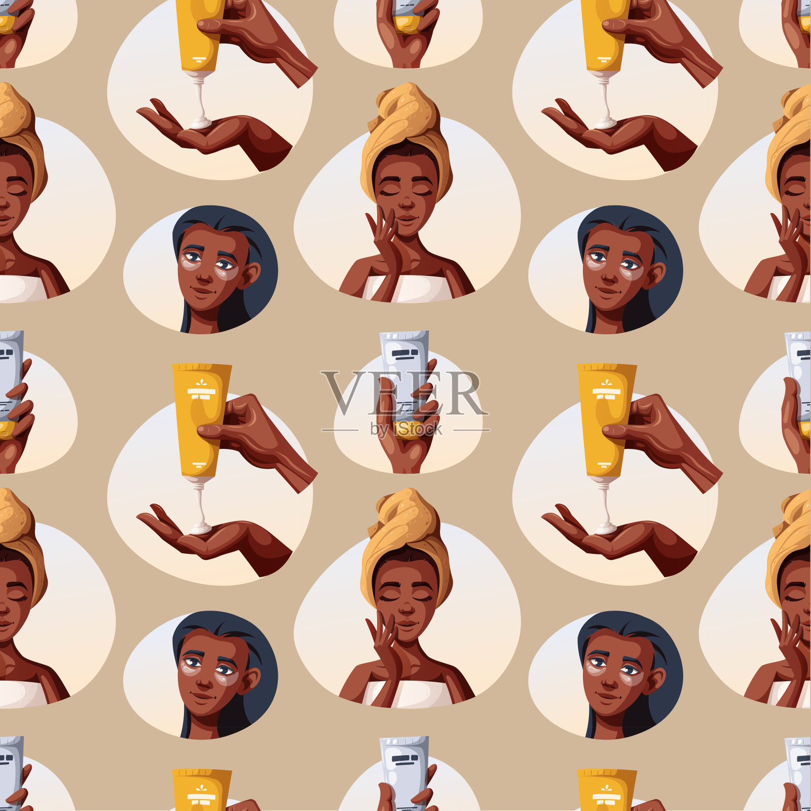 天衣无缝的图案与深色皮肤的女人，手与霜。插画图片素材