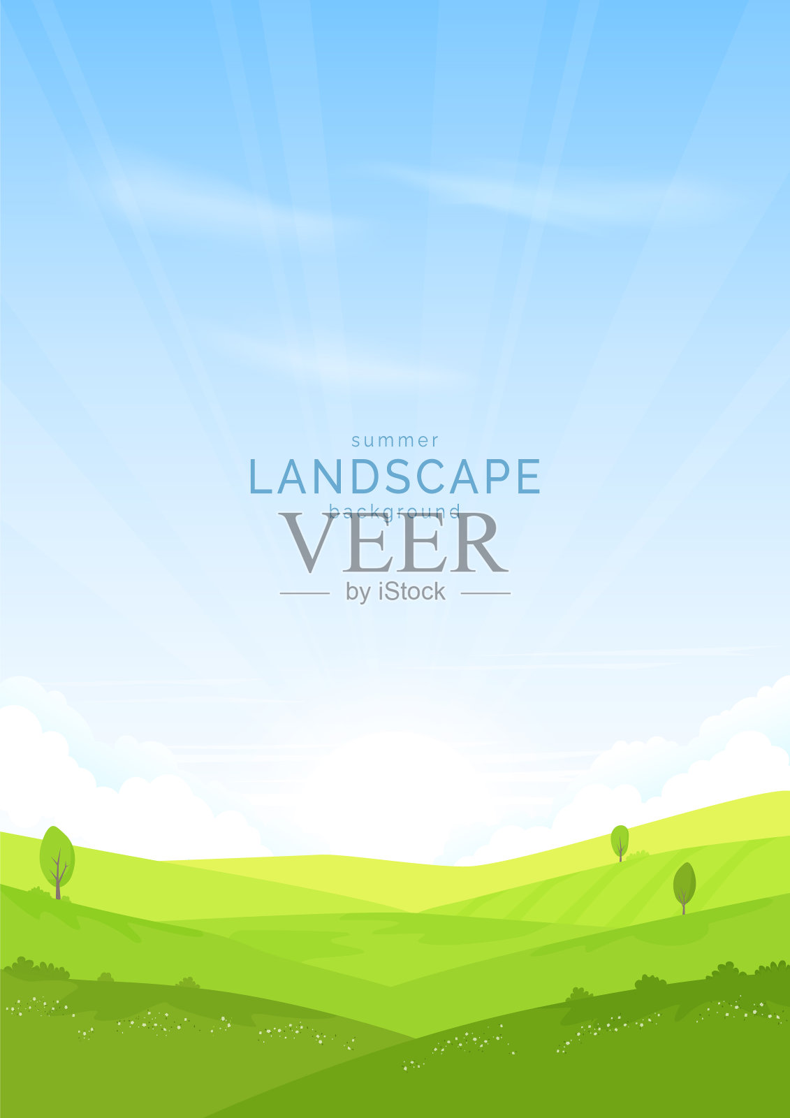 夏季景观背景。绿草蓝天的山。插画图片素材