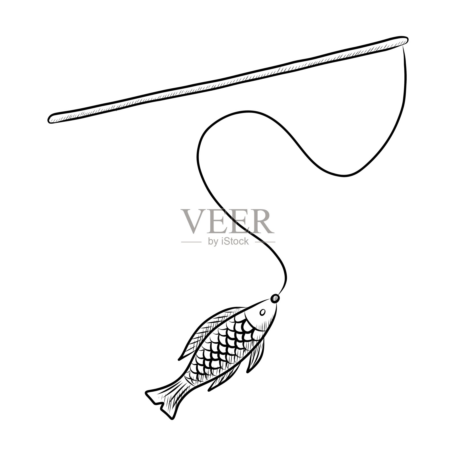 黑白矢量绘图的一个玩具的形式在一个鱼的鱼竿上的宠物插画图片素材