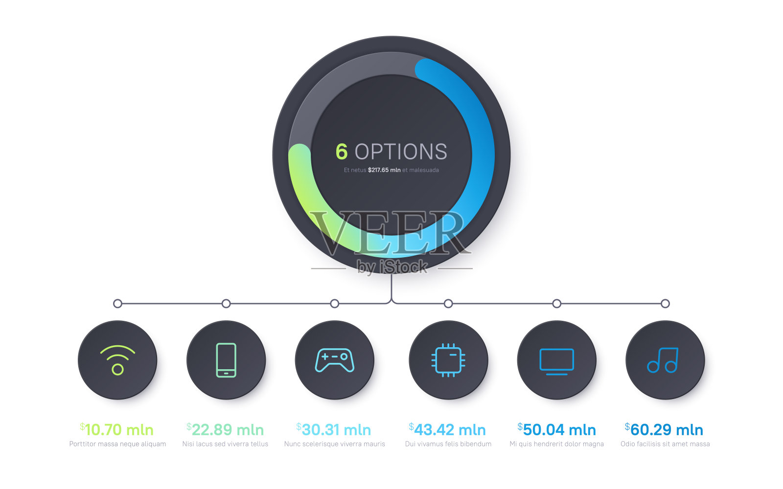 矢量表示信息图形梯度图设计。六个选项插画图片素材