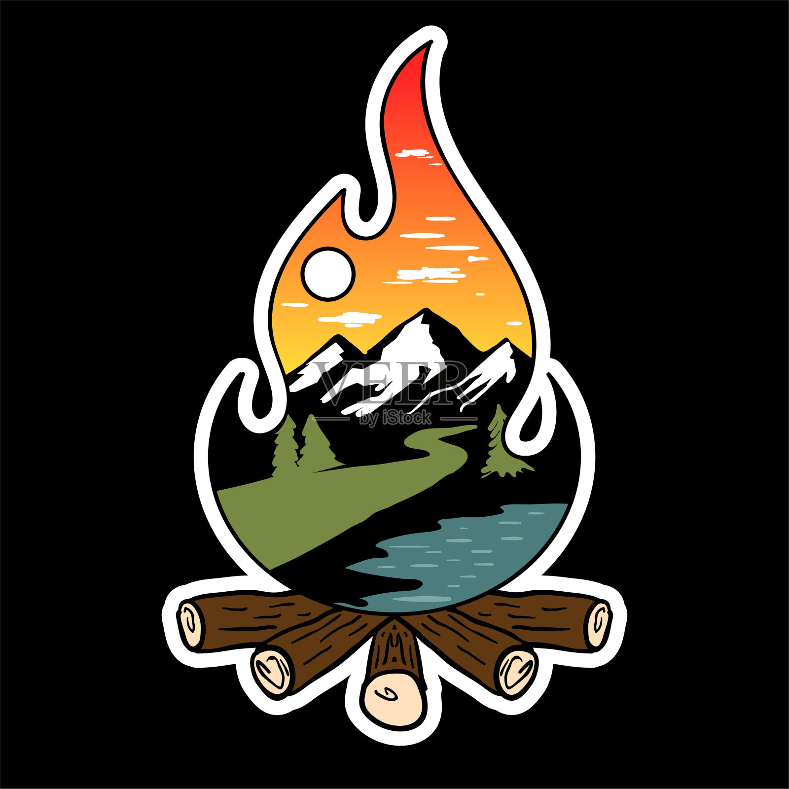 营火篝火天空松树常绿云杉针叶落叶松柏木杉木森林与湖溪河户外露营冒险T恤插图设计插画图片素材