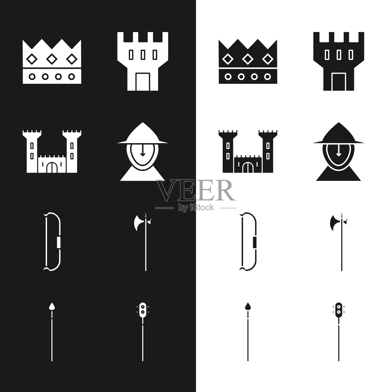 集中世纪铁头盔，城堡，国王王冠，塔，弓，戟，链状狼牙棒球和矛图标。向量插画图片素材