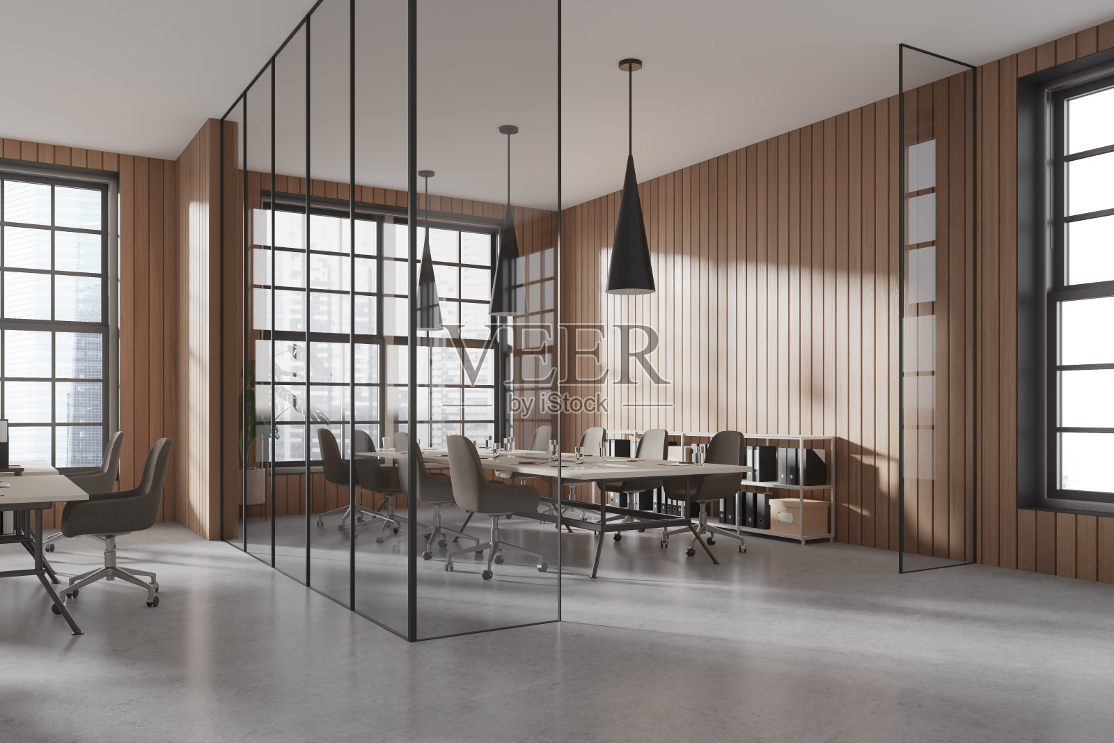 现代化的办公室内部设有联合办公和会议室，全景窗户照片摄影图片
