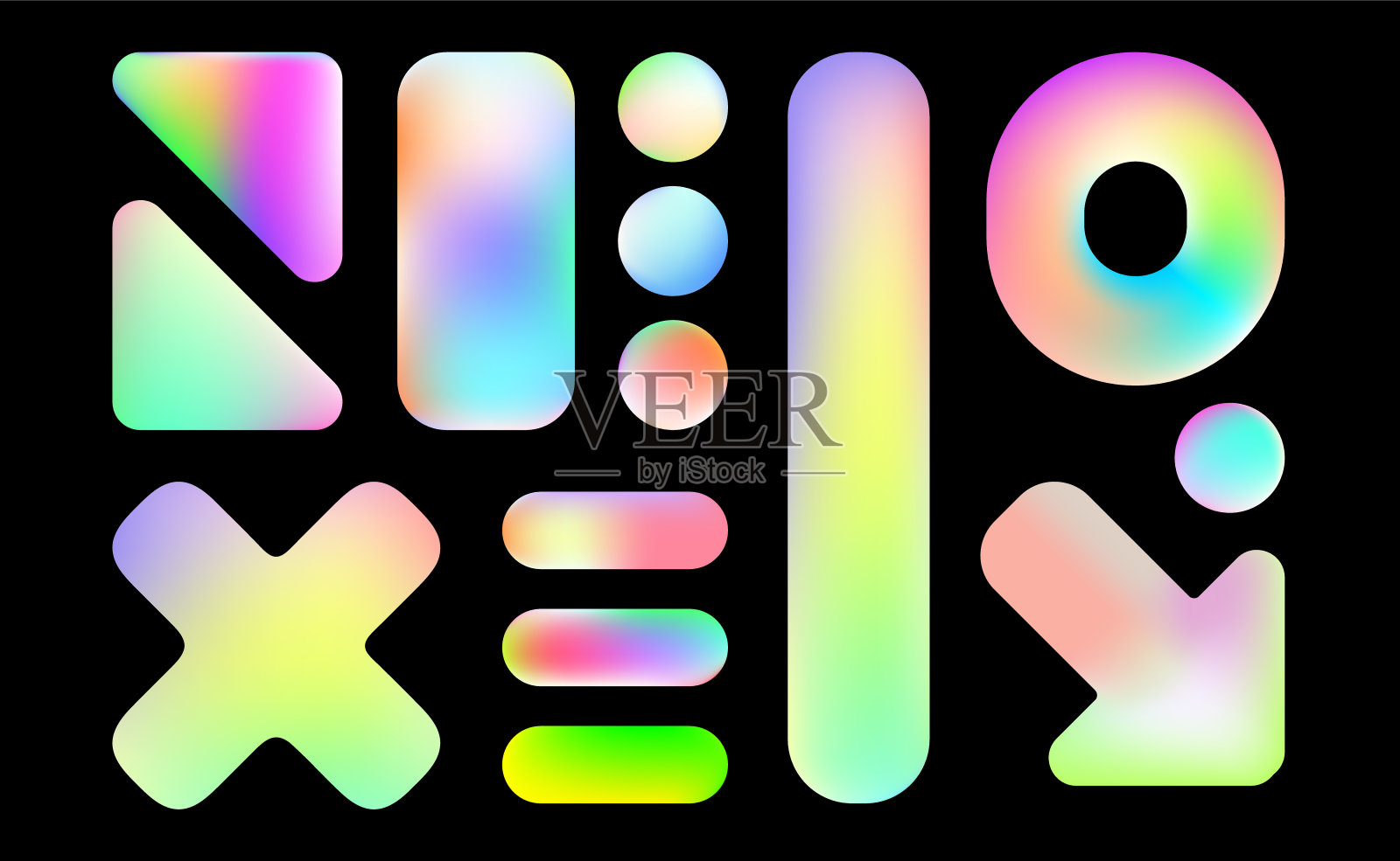 矢量儿童插图的一组抽象的渐变形状的黑色背景。平面卡通风格设计的装饰元素集亮亮插画图片素材