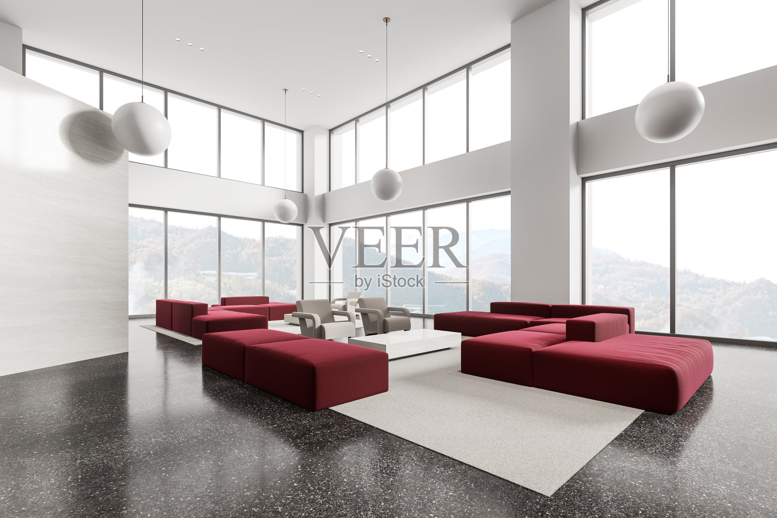 时尚的商务大堂室内，靠近全景窗的沙发照片摄影图片