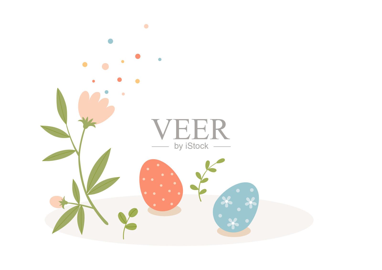 复活节彩蛋和可爱的花草装饰。复活节庆祝卡，海报，横幅设计。插画图片素材