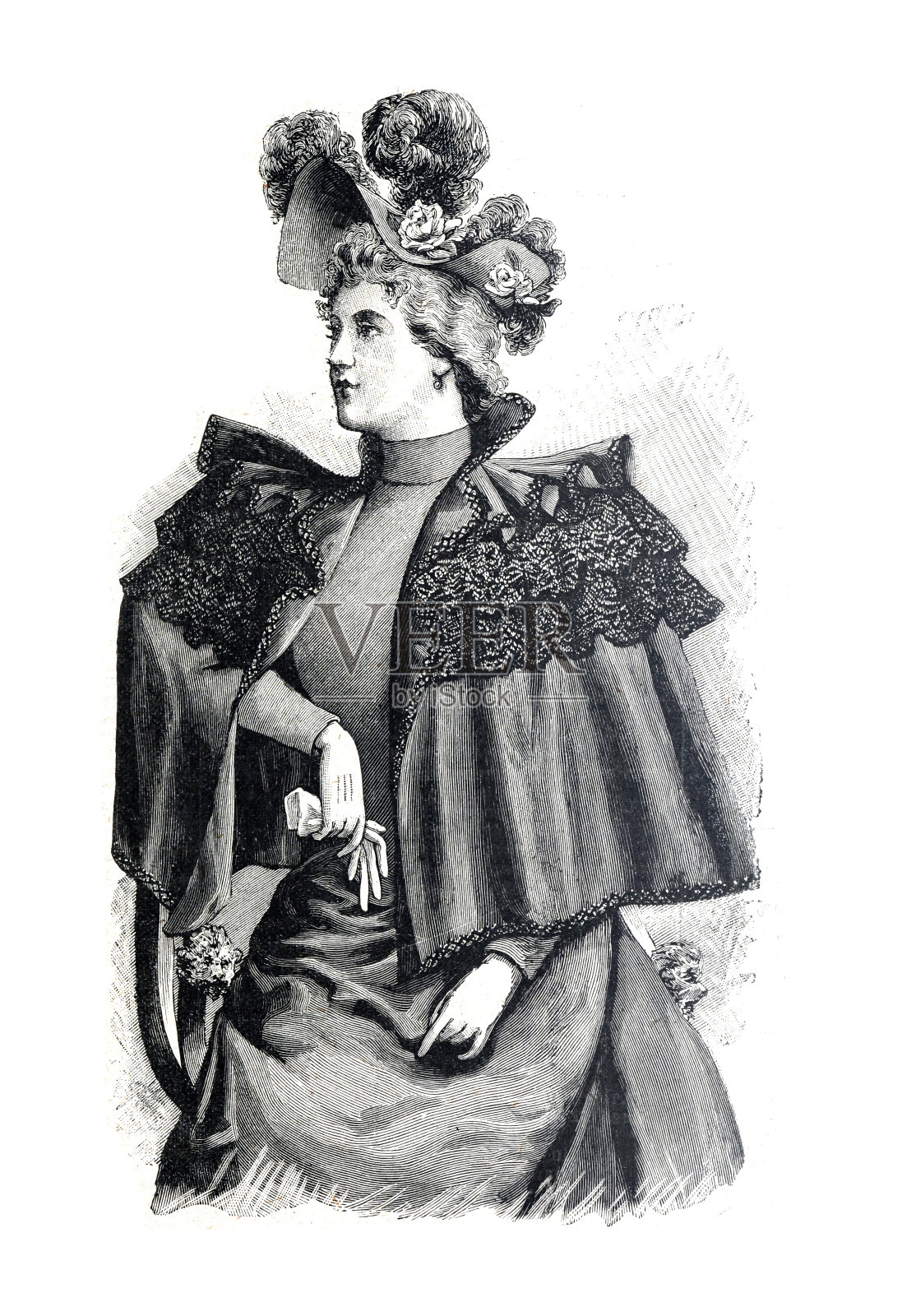 穿着得体的女士，穿着古装的女士。公主裙或女王裙。老式的衣服。时尚产业。服装。过去。历史的服装。17或18世纪的服装。精英的裙子。插画图片素材