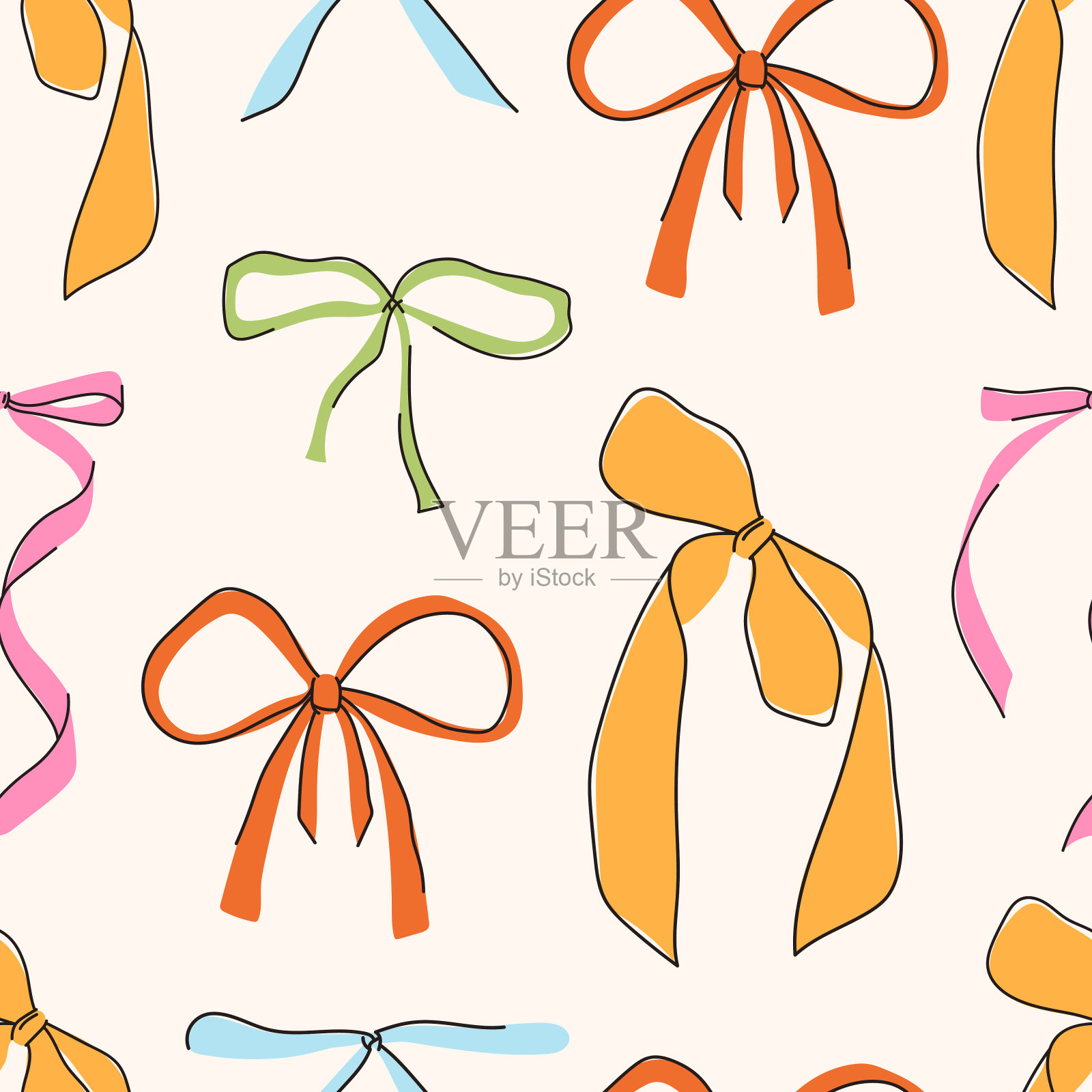弓的无缝图案。五颜六色的蝴蝶结，结，礼物蝴蝶结的图案。手绘和卡通风格的弓。彩色蝴蝶结套装插画图片素材