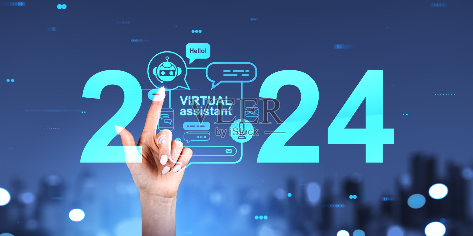 女性手指触摸虚拟助手全息图与2024年和聊天机器人图标照片摄影图片