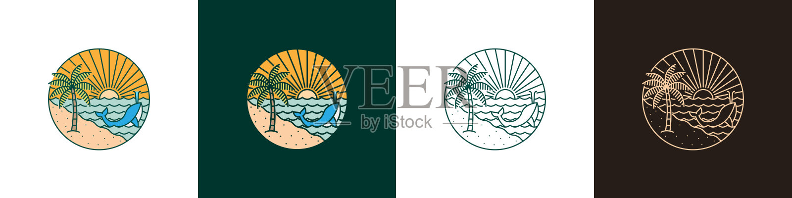 海洋和鲸鱼插图单线或线条艺术风格的集合插画图片素材