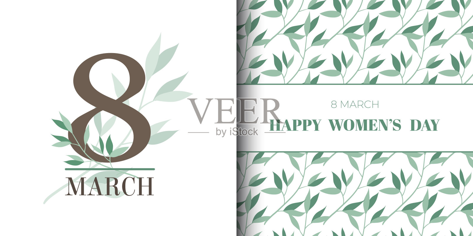 一套美丽的三八和妇女节明信片，花叶图案。现代极简主义和扁平设计插画图片素材