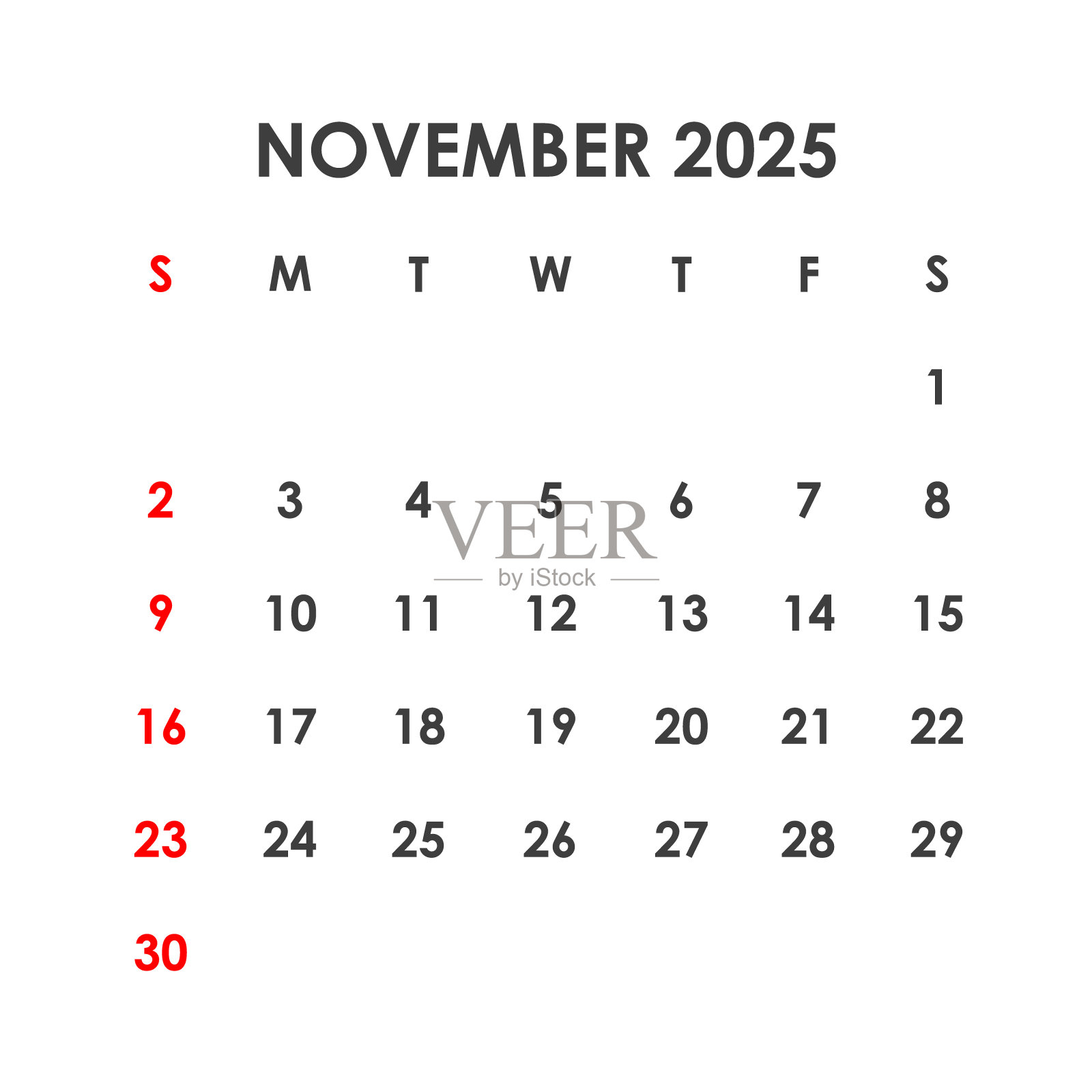 2025年11月的日历。这一周从周日开始。插画图片素材