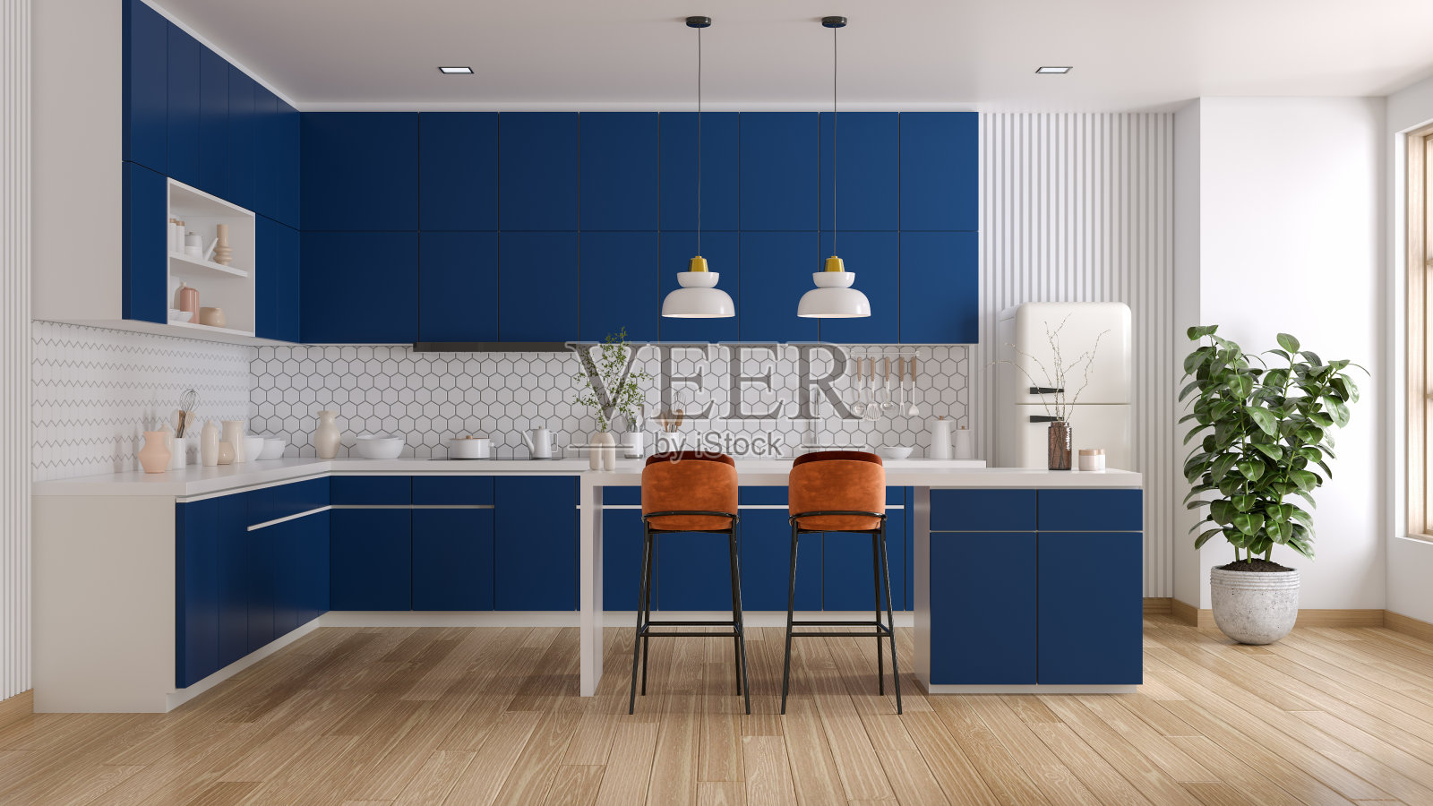 蓝色厨房室内和厨房岛与早餐吧，现代风格的家具，3d渲染照片摄影图片