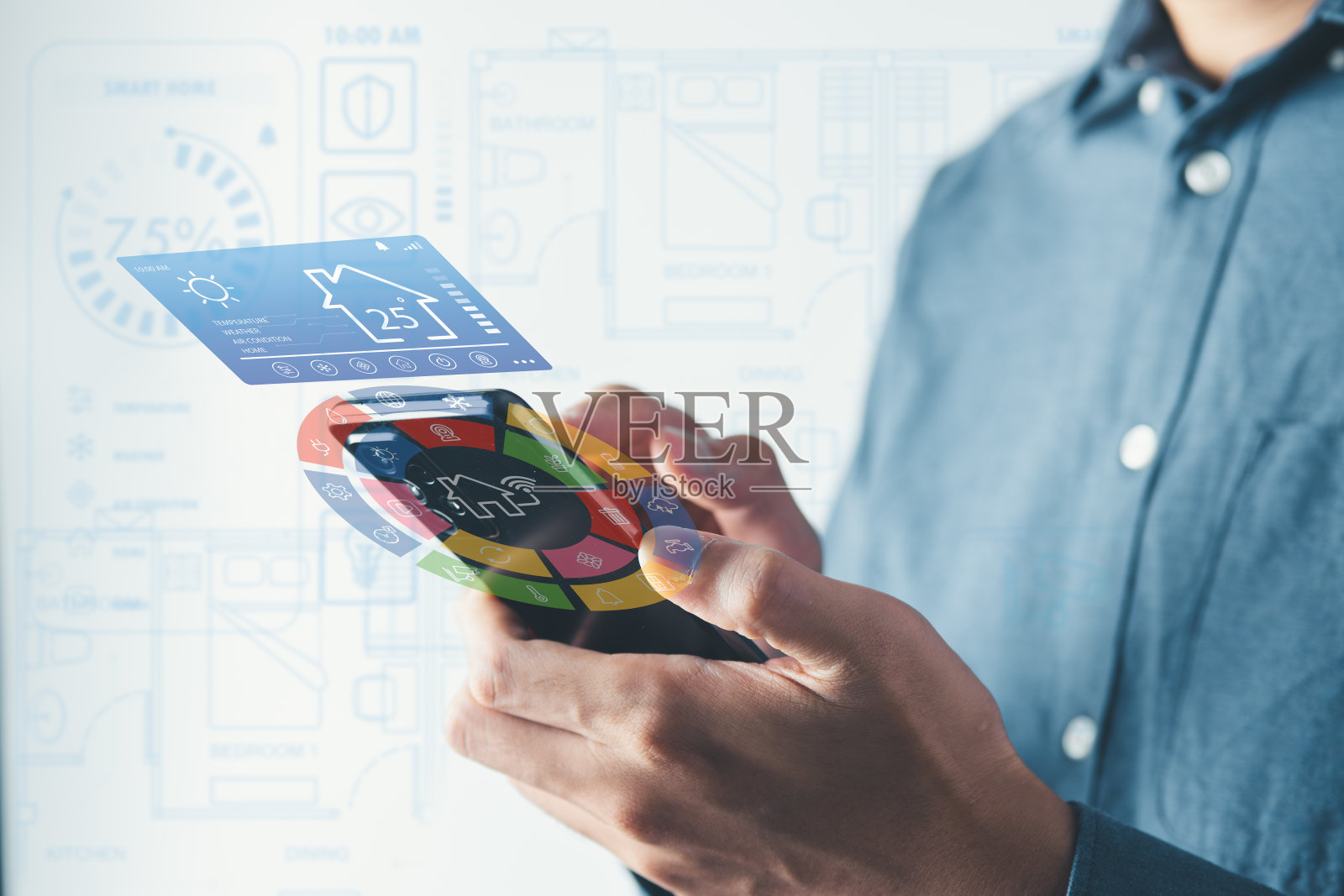 人们使用智能手机来管理智能家居功能，包括安全、照明和温度。智能家居和物联网概念。照片摄影图片