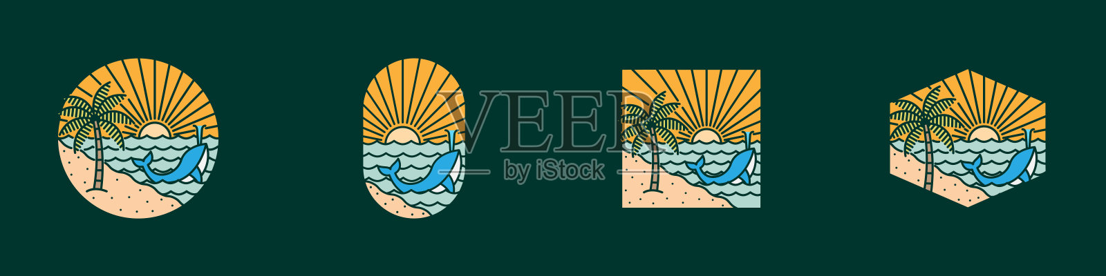 海洋和鲸鱼插图单线或线条艺术风格的集合插画图片素材