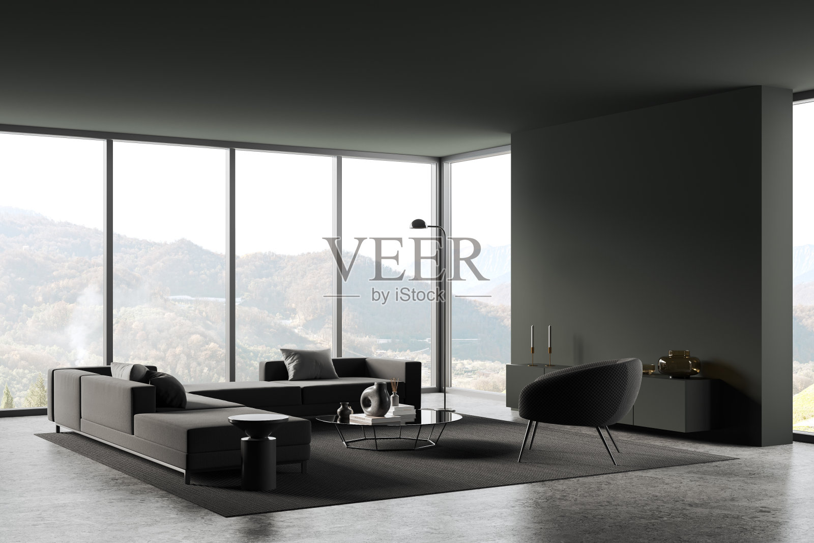 灰色的家庭客厅室内与休息区，模拟墙和窗户照片摄影图片