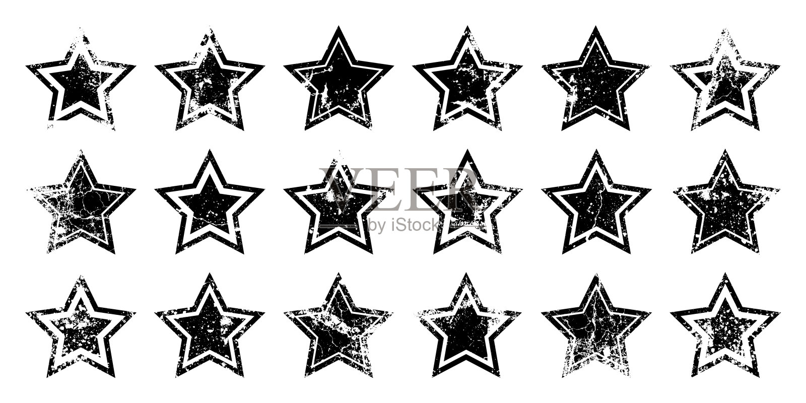 带有裂缝和污点的复古星星。旧手绘招牌，黑色造型简单。复古设计元素与苦恼的效果，grunge纹理。矢量图插画图片素材