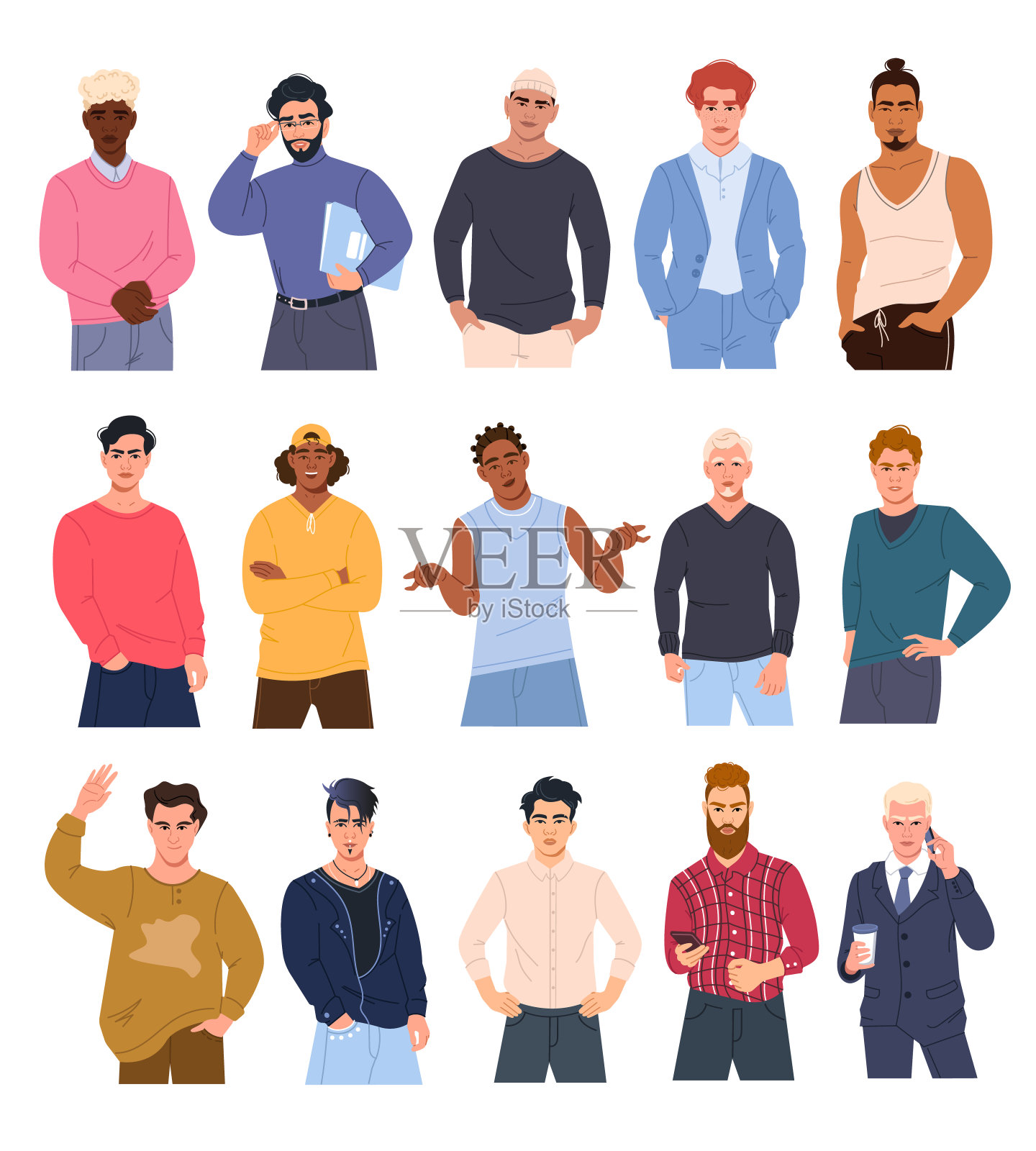 一群来自不同文化背景的跨国男士在时尚的平面设计风格中聚集插画图片素材