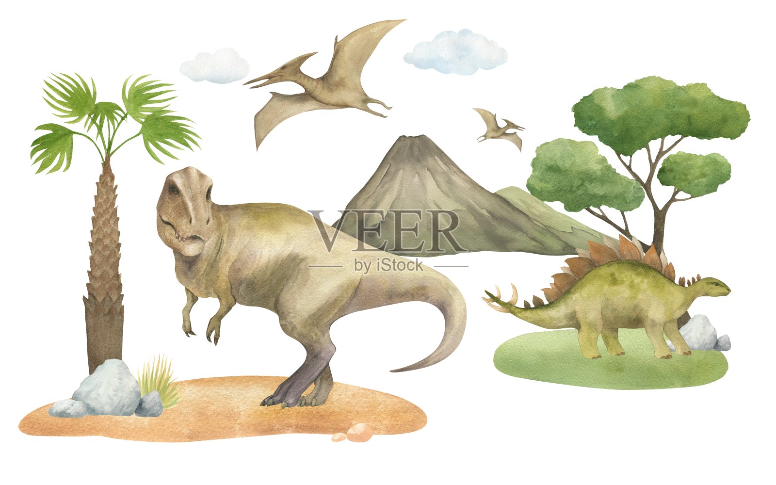 水彩画的恐龙霸王龙、剑龙和翼手龙在绿色的草地上与棕榈树、群山、云雾隔绝。用于儿童房的装饰、墙纸插画图片素材