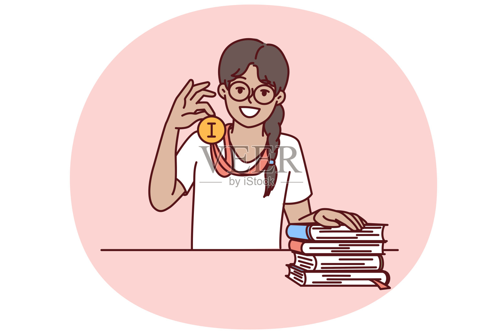 亚洲小女孩自豪地展示奖章，炫耀她因出色的知识而获得的奖项插画图片素材