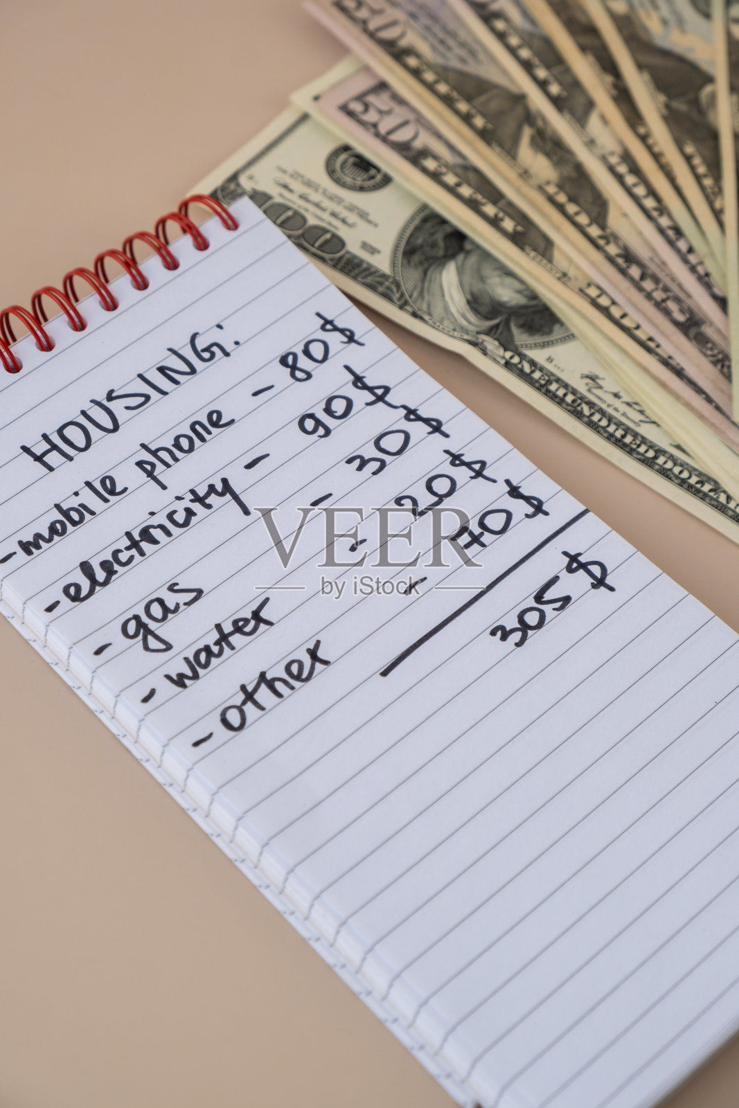 水电费计算收据。美元现金现金电、水、气价格。保守消费不安全经济危机观念。提高价格照片摄影图片
