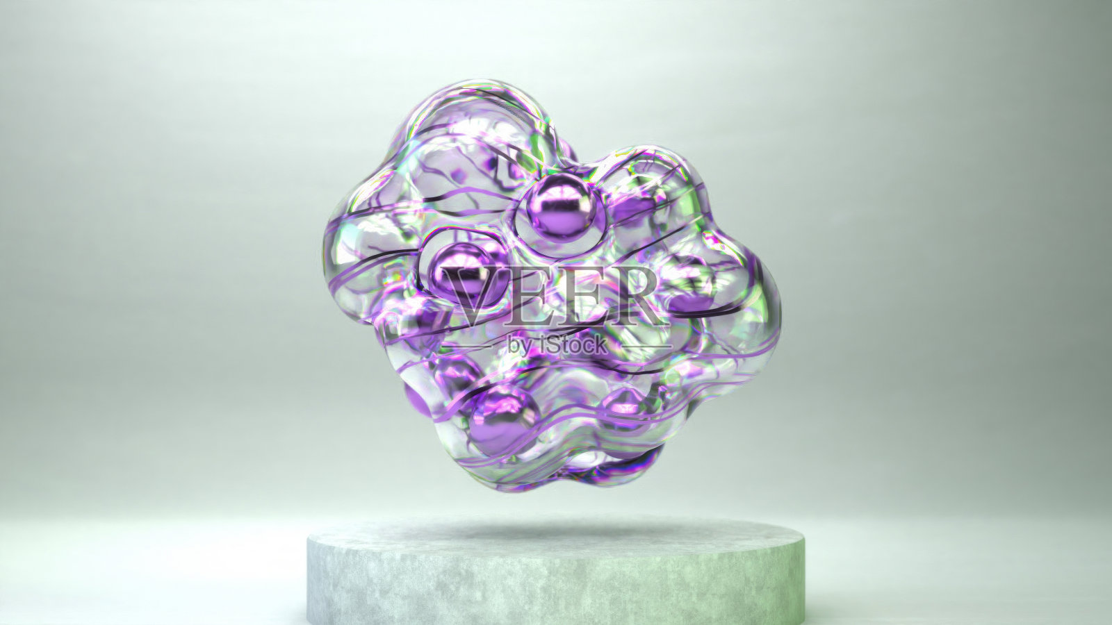 半透明的紫色气泡在3D插图中，悬浮在一个带有软焦点灰色背景的石基上。照片摄影图片