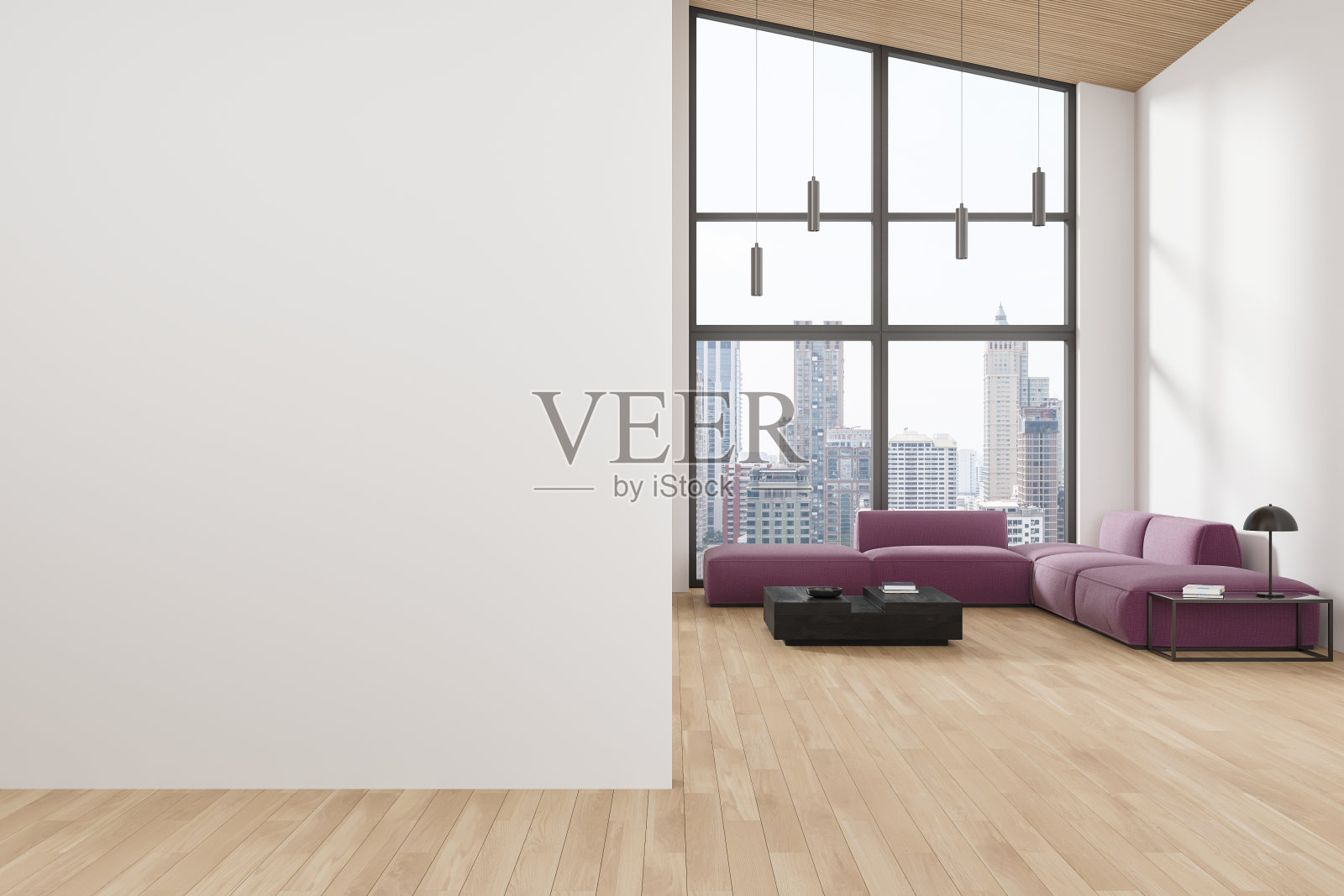 时尚的家庭客厅室内与休息区靠近窗户，模拟墙照片摄影图片