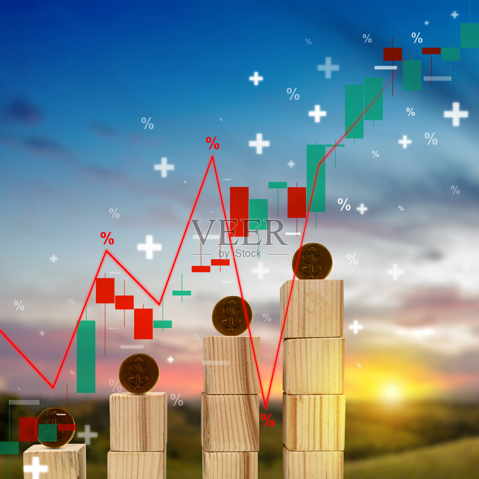 木立方体和金元硬币堆与通货膨胀率上升的图形箭头符号照片摄影图片