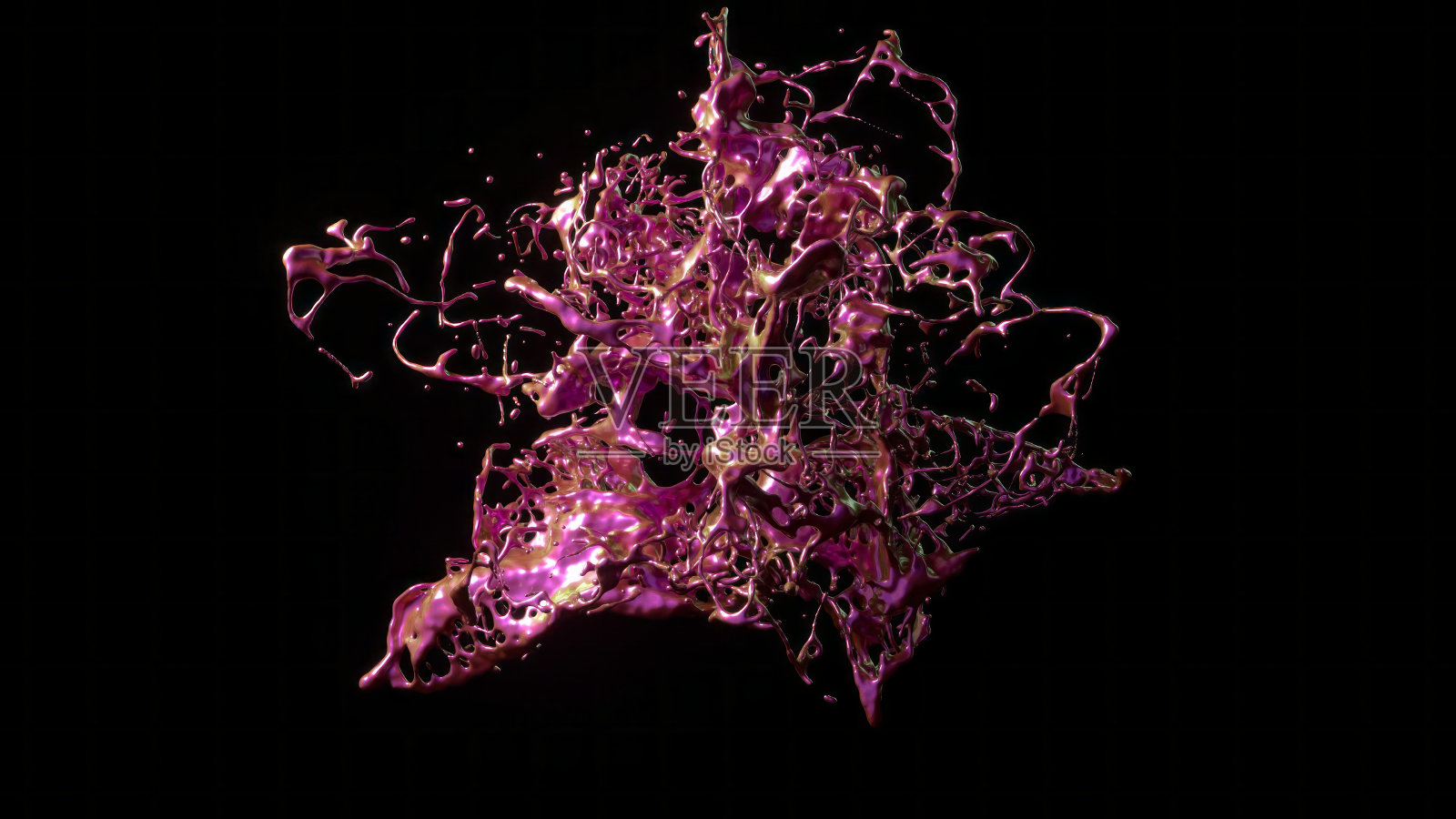 抽象的液体飞溅在3D插图，具有虹彩色调和动态流体运动对一个黑暗的背景。照片摄影图片