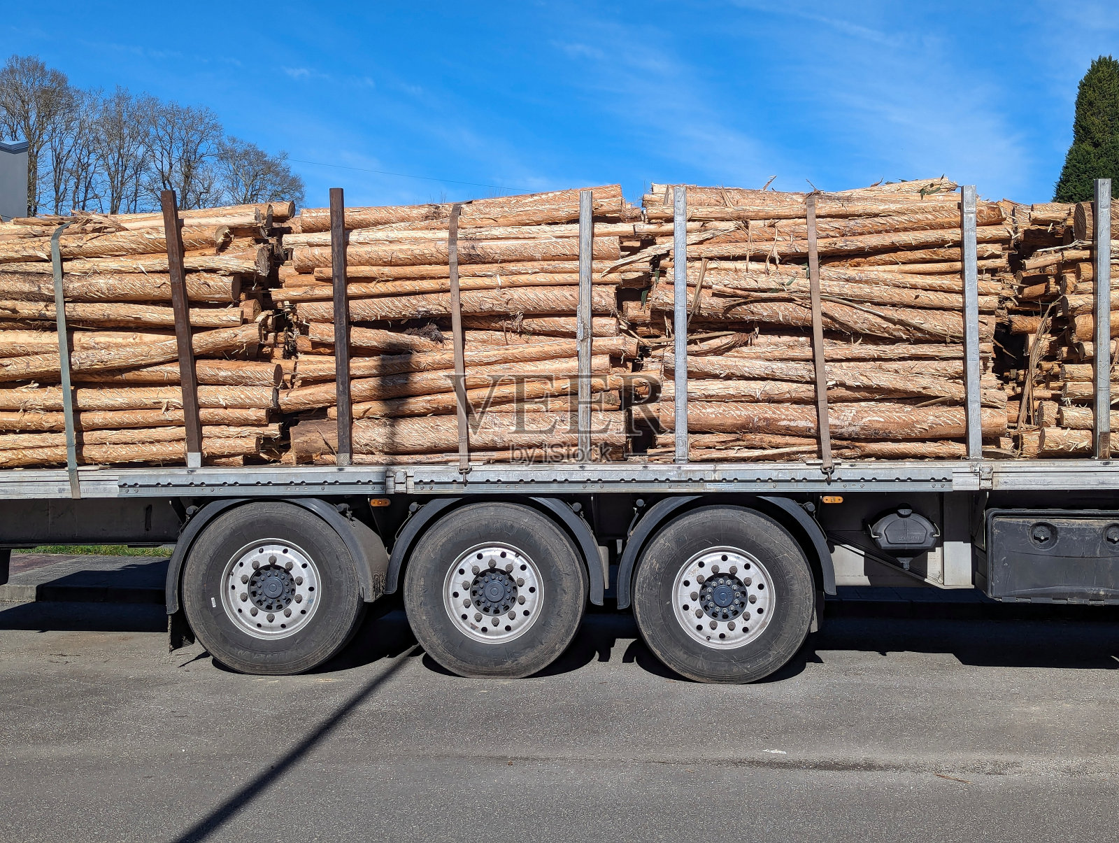 一辆满载桉树木材的卡车驶往西班牙阿斯图里亚斯的一家造纸厂照片摄影图片