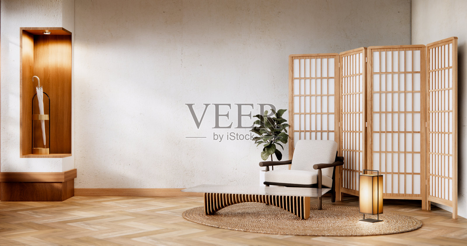 室内模拟与扶手椅在日本客厅与空墙。照片摄影图片