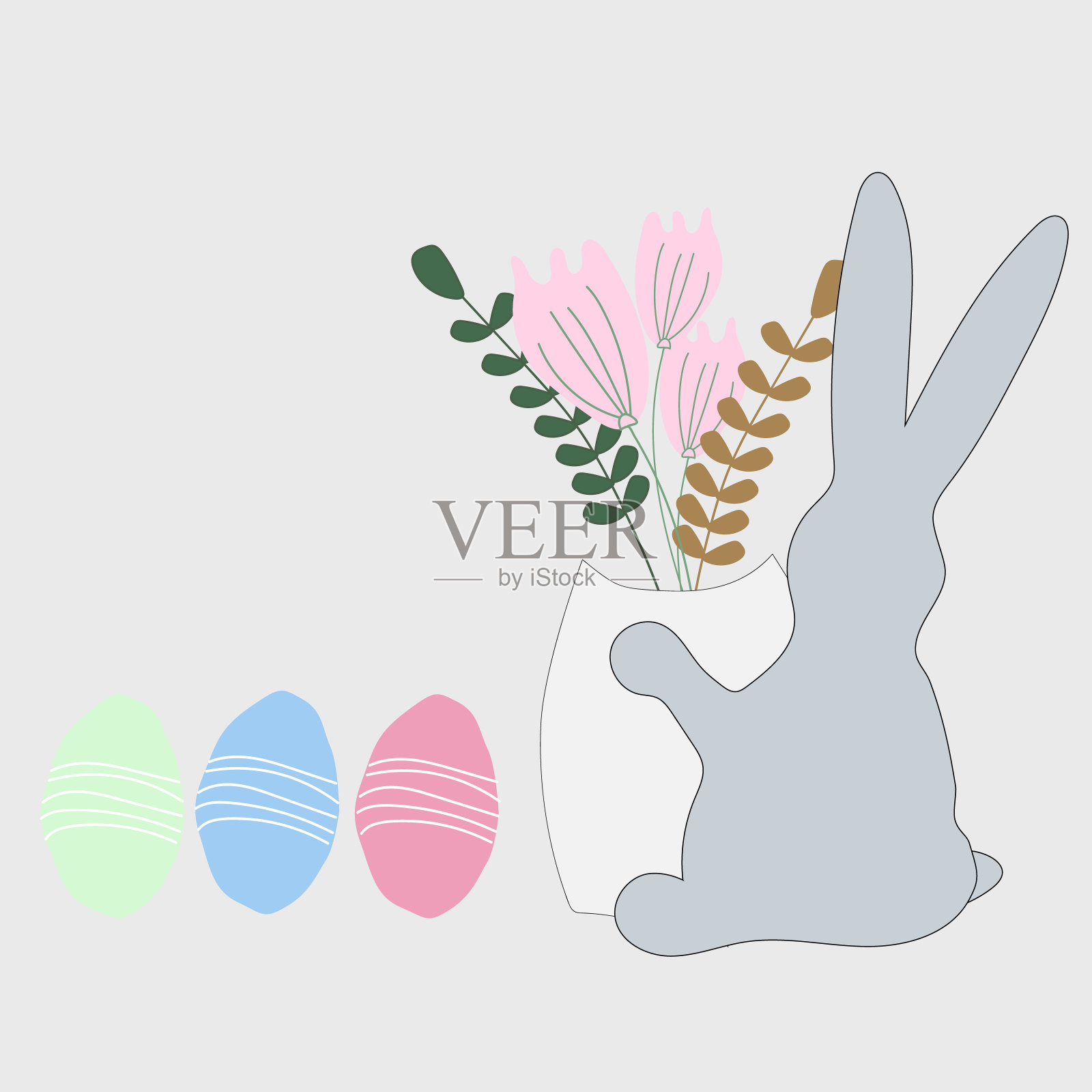 抽象的兔子，蛋，盛开的水仙花。复活节兔子连续一线画。猎蛋者概念线条艺术。手绘矢量插图在现代贺卡，海报最小的风格插画图片素材