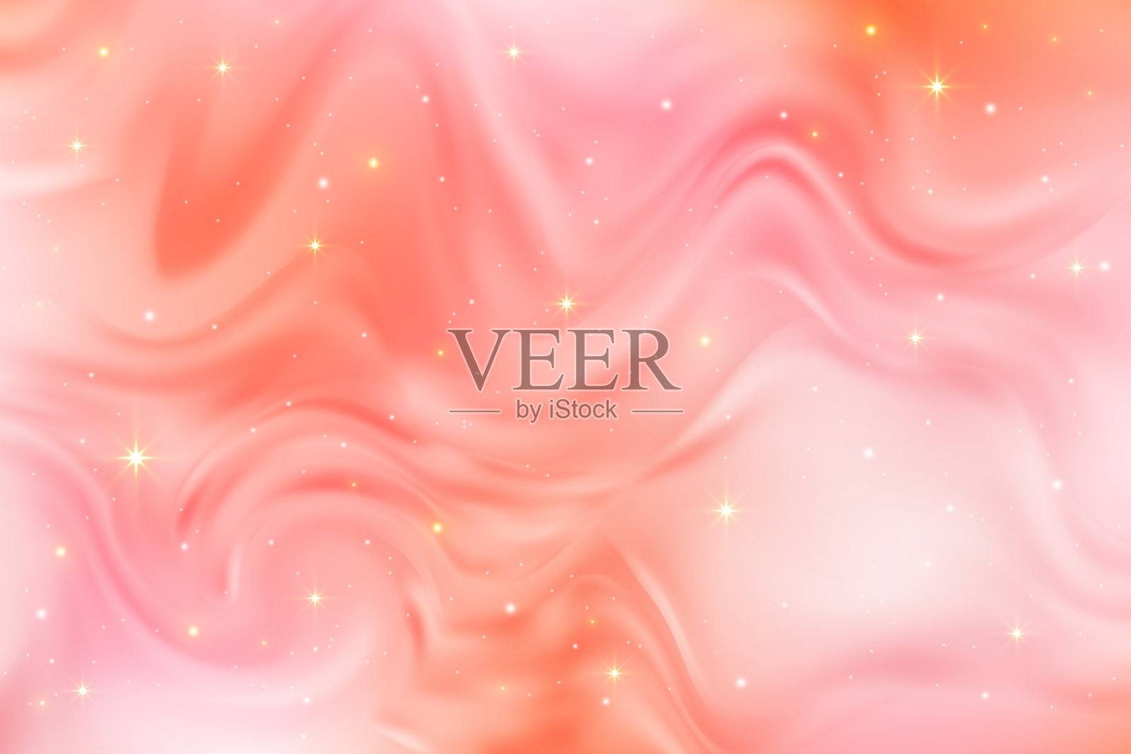 粉红色的渐变波浪背景。抽象模糊液体纹理。流体矢量桃空间与闪烁和星星。动态未来感温暖壁纸插画图片素材