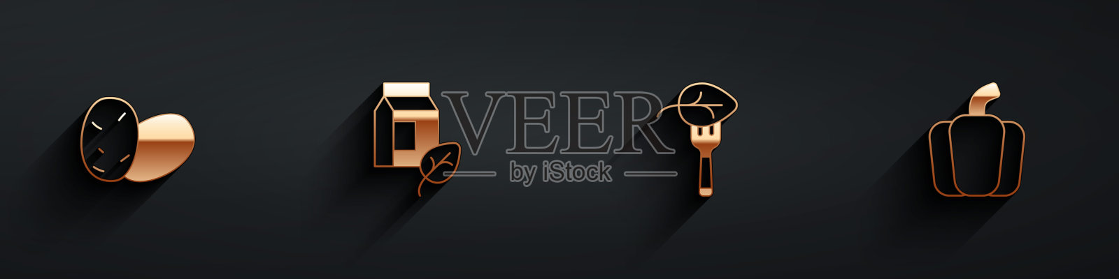 集土豆，素食牛奶，食物饮食和灯笼椒图标长阴影。向量插画图片素材