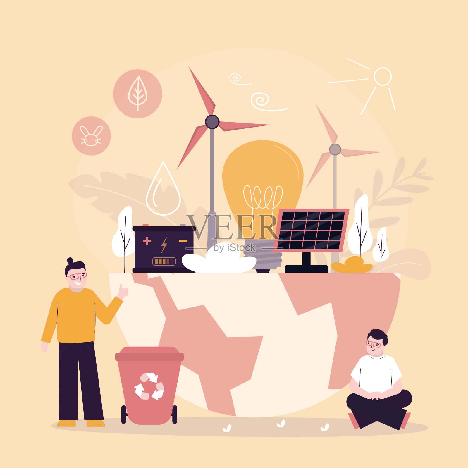 一群拥有可再生资源和替代能源的孩子。废物回收利用。下一代采用可持续和可再生的太阳能电池板发电插画图片素材