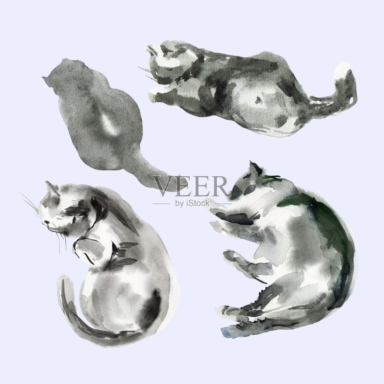 一套抽象的猫素描，动物印花污渍，美丽的形状，柔和的调色板。水彩插图睡觉，躺着，玩宠物插画图片素材