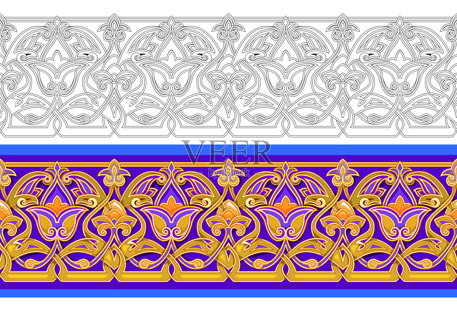 经典巴洛克装饰缎带。奢华的金色几何设计。无缝模式。彩色和黑白模板集。用于装饰、织物、刺绣、墙纸的印花。平面矢量插图。插画图片素材