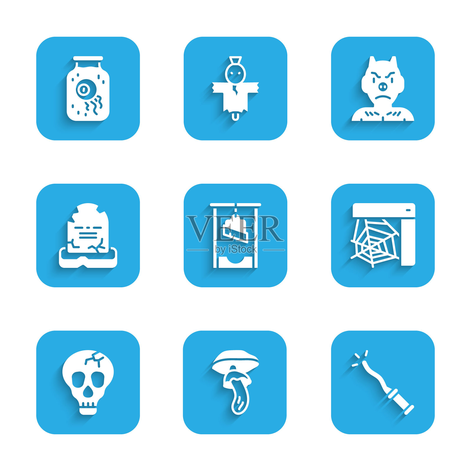 集断头台，裸盖菇，魔棒，蜘蛛网，头骨，墓碑与RIP写，克拉普斯，heck和眼睛罐子图标。向量插画图片素材