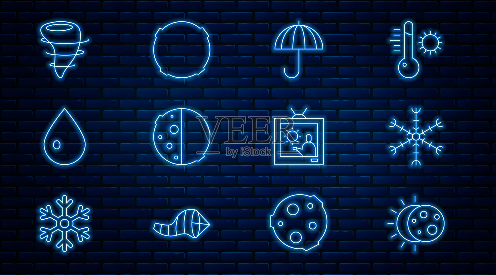 设置线日食的太阳，雪花，伞，水滴，龙卷风，天气预报和月亮图标。向量插画图片素材