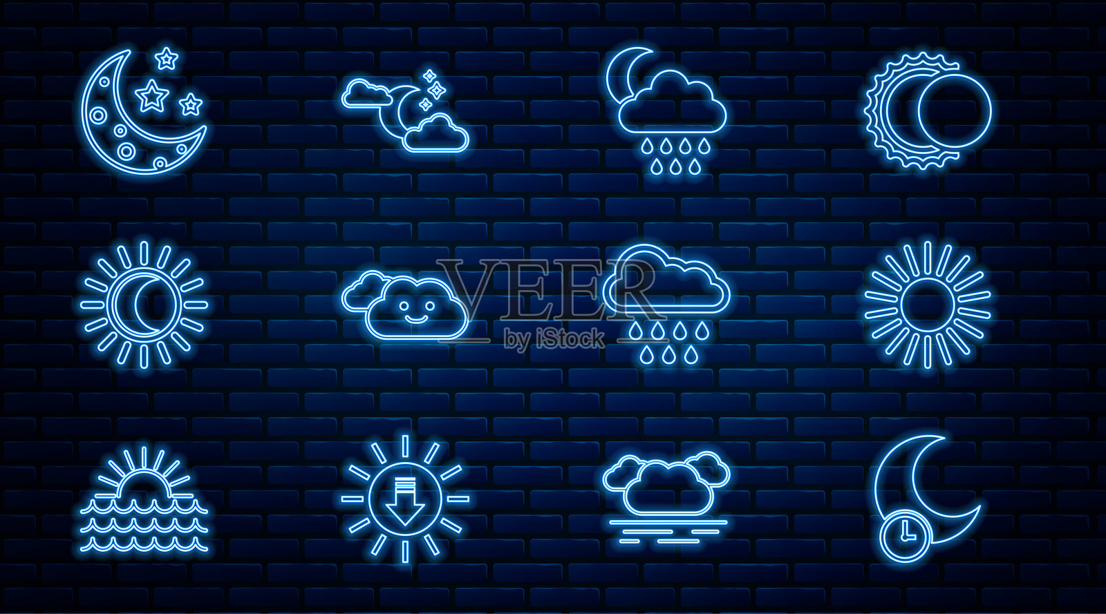 设置线睡觉的月亮，太阳，云与雨和，日食的太阳，月亮星星，和图标。向量插画图片素材