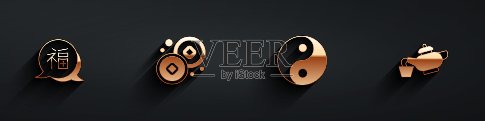 设置中国新年，人民币货币，阴阳符号和茶道图标长影子。向量插画图片素材