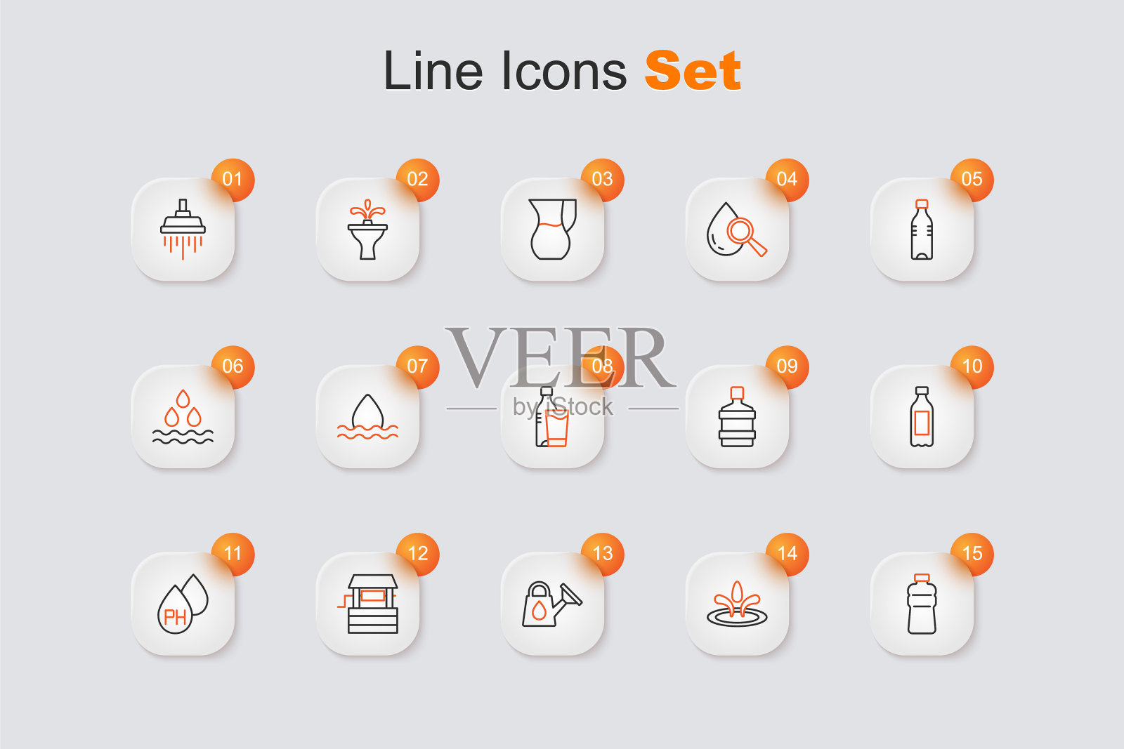 设置线瓶装水，水滴，喷壶，好，大瓶清洁和玻璃图标。向量插画图片素材