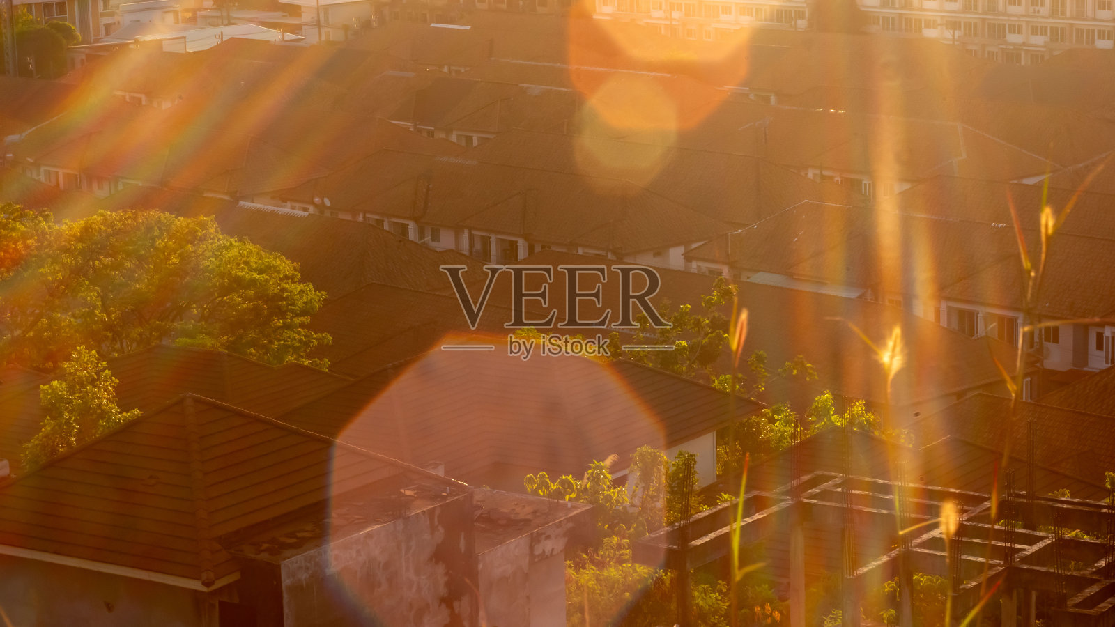 照片中，黎明笼罩着村庄的房屋，阳光刺眼。照片摄影图片