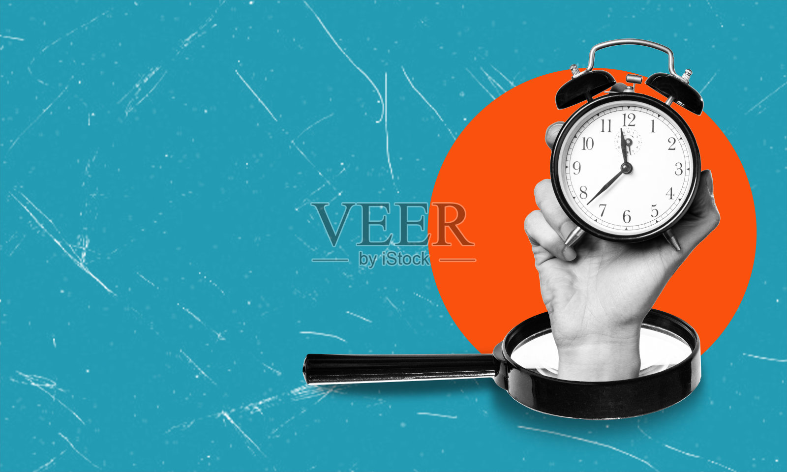 一只手拿着闹钟的当代艺术拼贴画。概念灵感和想法。照片摄影图片