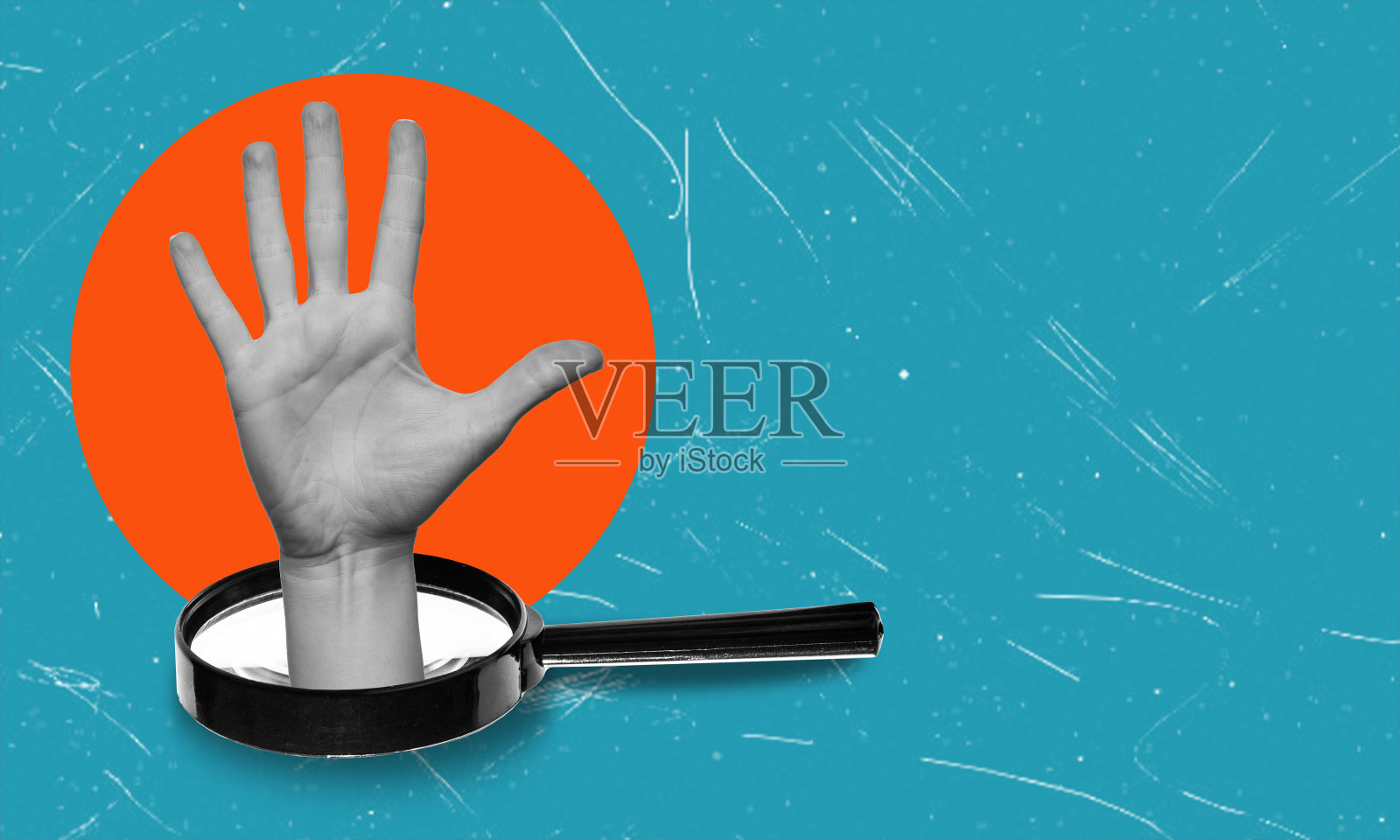 在蓝色放大镜背景上的人类手掌的拼贴画海报。照片摄影图片